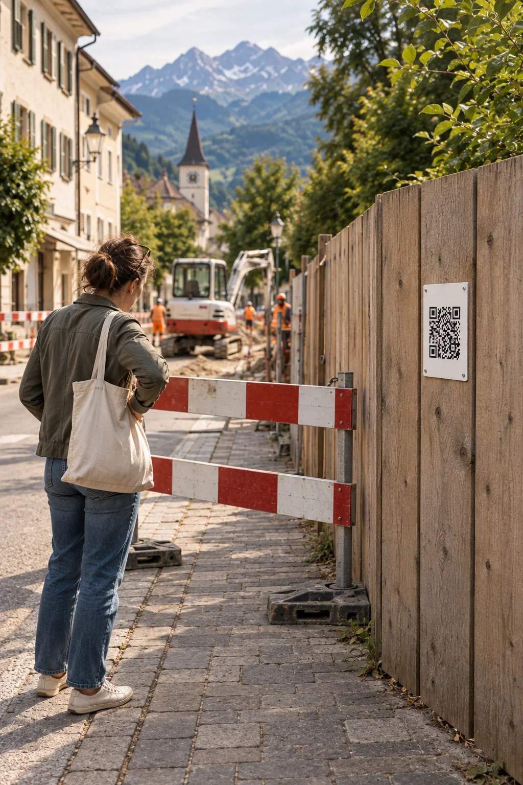 Illustrative Szene: Eine Passantin steht vor einer Baustellenabsperrung, die den Gehweg blockiert; am Bauzaun hängt ein QR-Schild.