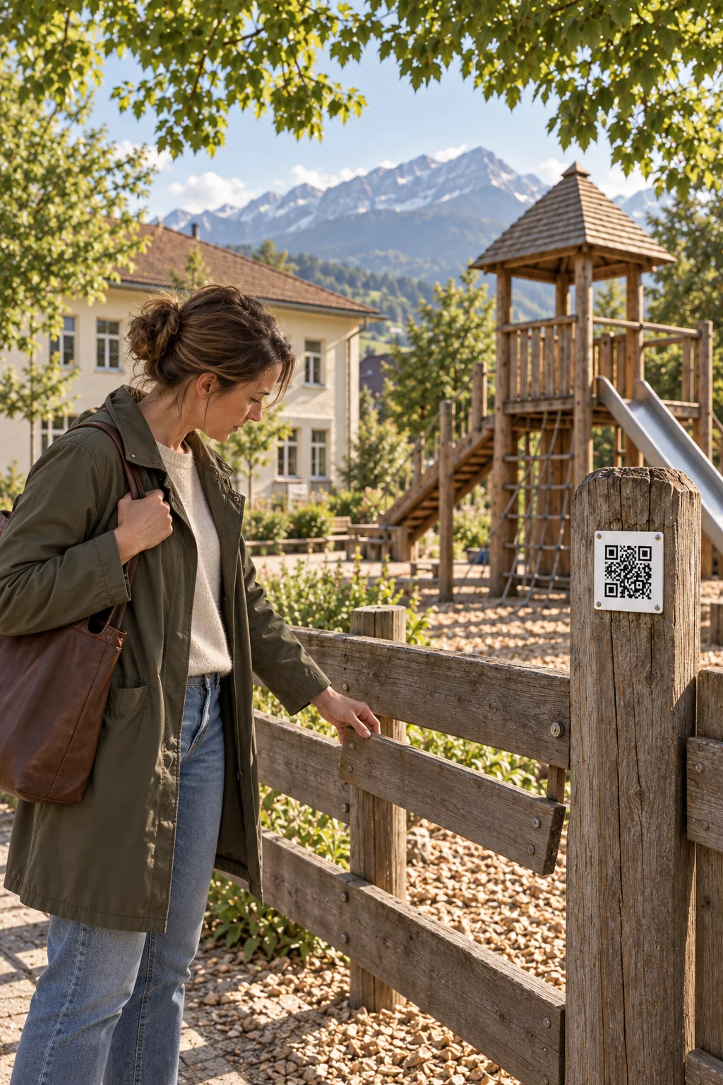 Illustrative Szene: Eine Erwachsene betrachtet eine lose Holzlatte am Zaun eines Kindergarten-Spielplatzes; am Pfosten hängt ein QR-Schild.
